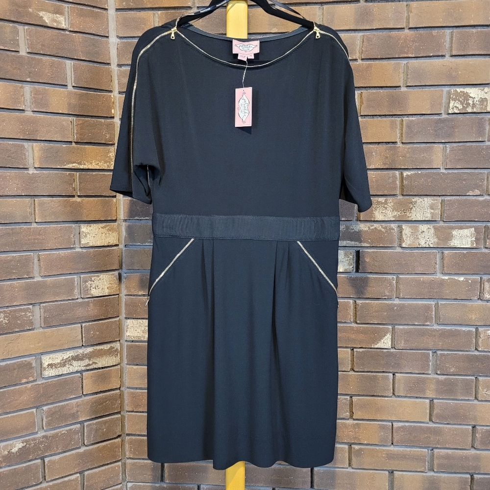 Phoebe Couture black dress elbow sleeves boat neck gold zipper hardware